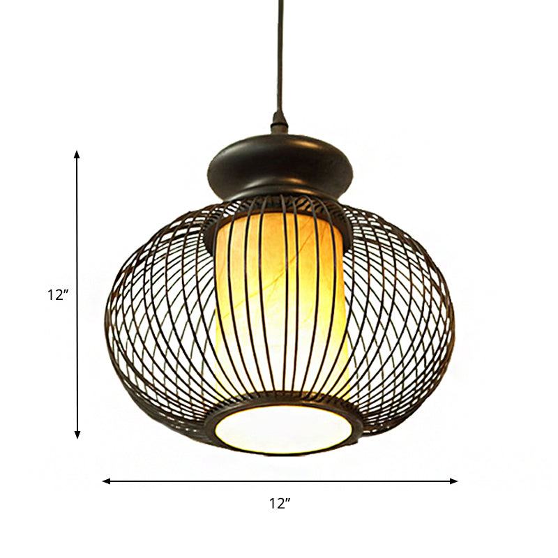 Luminaire suspendu en forme d'urne en bambou noir/bois pour chambre à coucher - 10"/12" de large