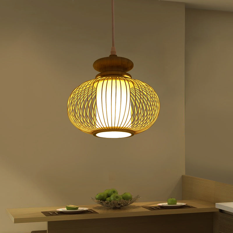 Tradition Bamboo Urn Pendant Lighting Kit For Bedroom - Black/Wood Hanging Lamp 1 Bulb 10/12 Wide