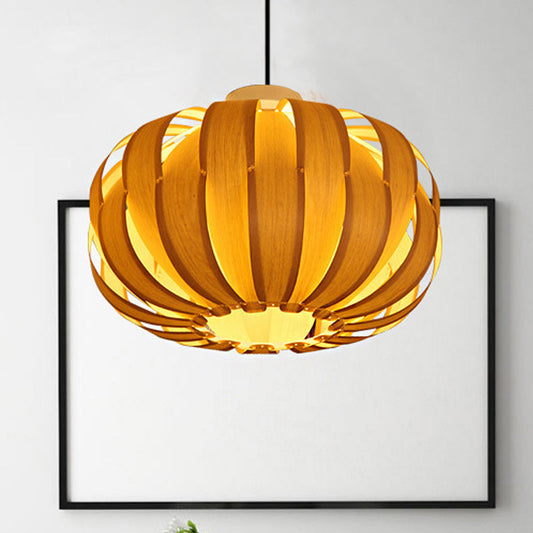 Modernist Pendant Light with Beige Lantern and Wood Shade - 1 Bulb Hanging Fixture