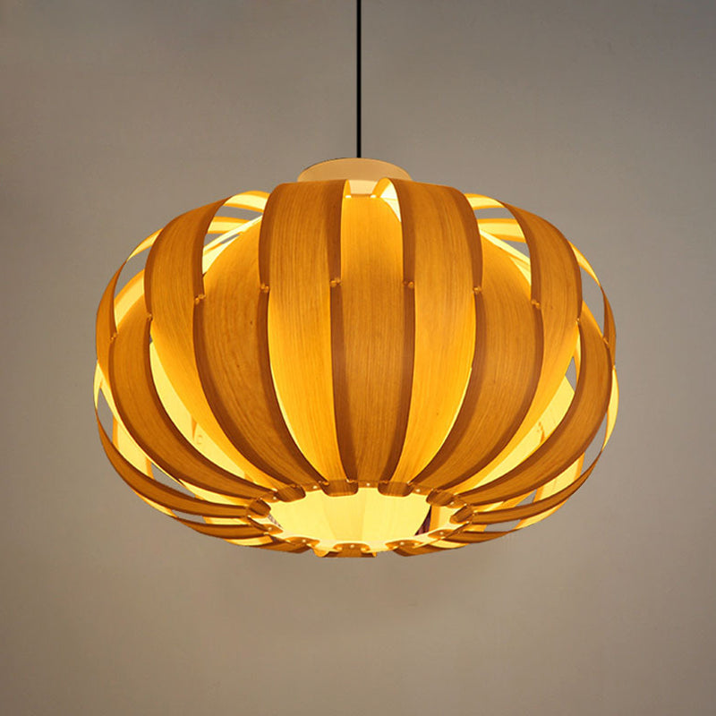 Modernist Pendant Light with Beige Lantern and Wood Shade - 1 Bulb Hanging Fixture