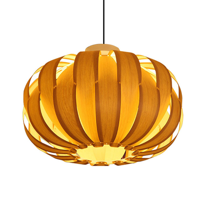 Modernist Pendant Light with Beige Lantern and Wood Shade - 1 Bulb Hanging Fixture