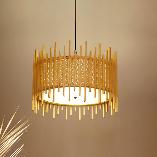 Sleek Retro Wood Pendant Light with Cylindrical Suspension - Beige Hanging Kit, Inner White PVC Shade, and 1 Bulb