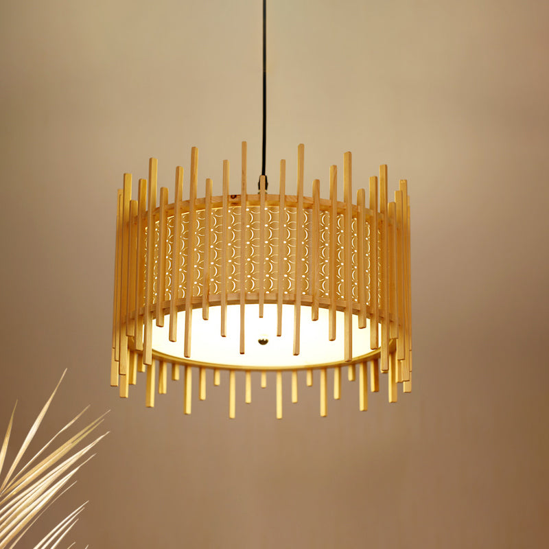 Retro Wood Cylindrical Suspension Pendant - 1 Bulb Beige Hanging Light Kit With White Pvc Inner