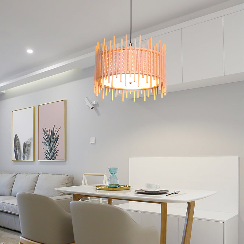 Retro Wood Cylindrical Suspension Pendant - 1 Bulb Beige Hanging Light Kit With White Pvc Inner