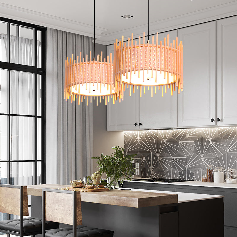 Retro Wood Cylindrical Suspension Pendant - 1 Bulb Beige Hanging Light Kit With White Pvc Inner