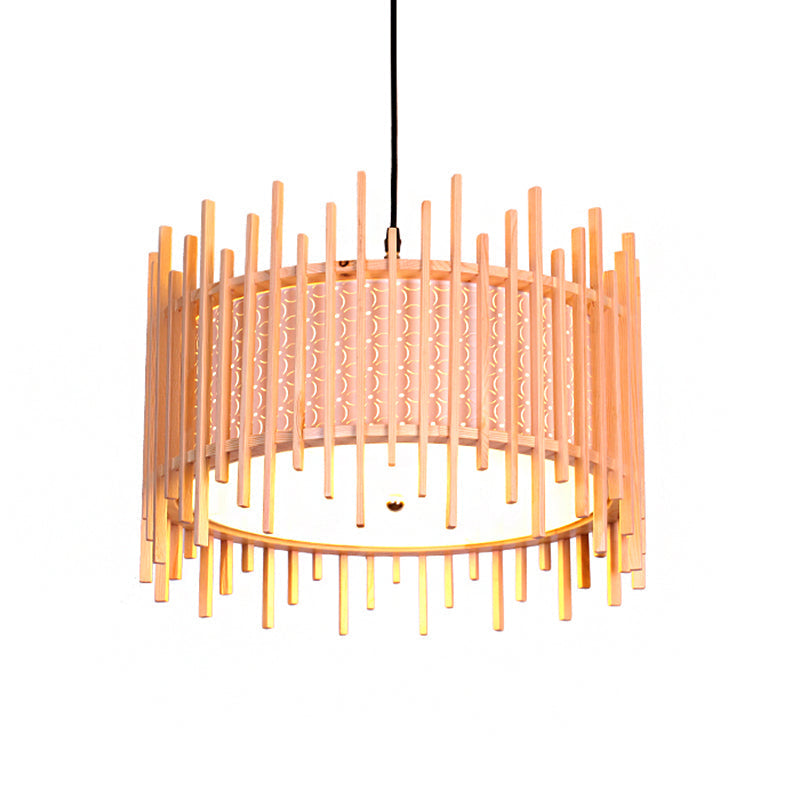 Retro Wood Cylindrical Suspension Pendant - 1 Bulb Beige Hanging Light Kit With White Pvc Inner