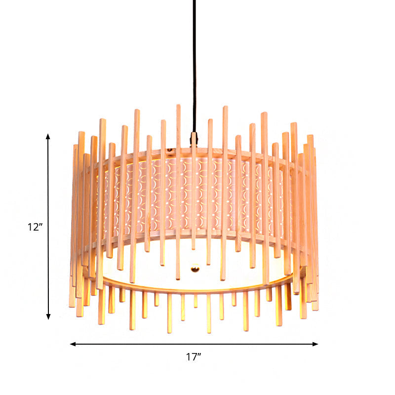 Retro Wood Cylindrical Suspension Pendant - 1 Bulb Beige Hanging Light Kit With White Pvc Inner