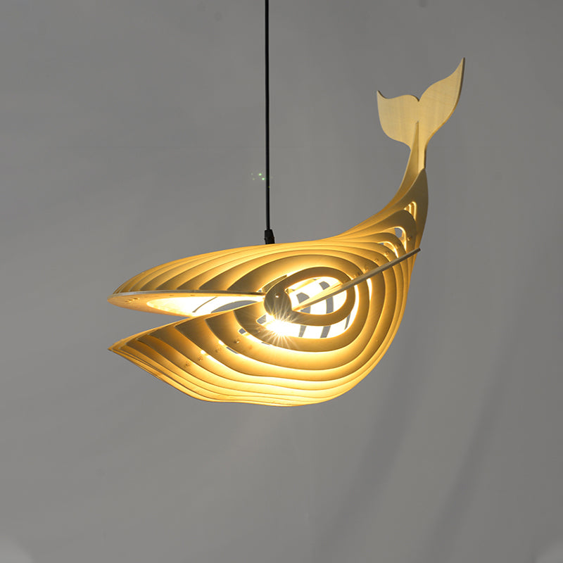 Contemporary Wood Pendant Light Kit For Stairway With Whale Suspension And Beige Finish