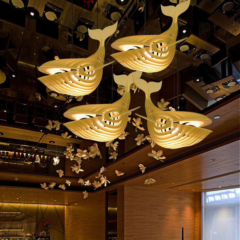 Contemporary Wood Whale Suspension Pendant: 1-Bulb Beige Hanging Light Kit for Stairway