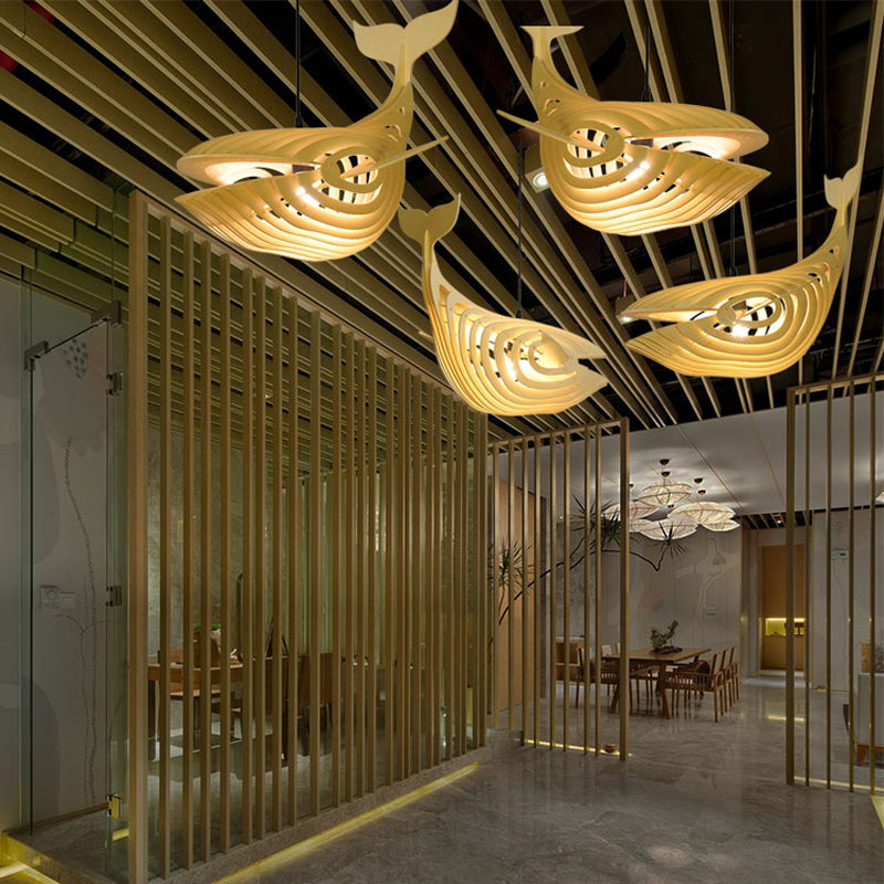 Contemporary Wood Whale Suspension Pendant: 1-Bulb Beige Hanging Light Kit for Stairway