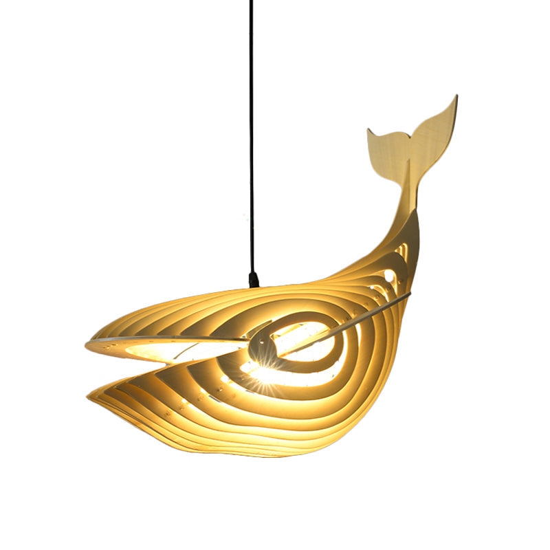 Contemporary Wood Whale Suspension Pendant: 1-Bulb Beige Hanging Light Kit for Stairway