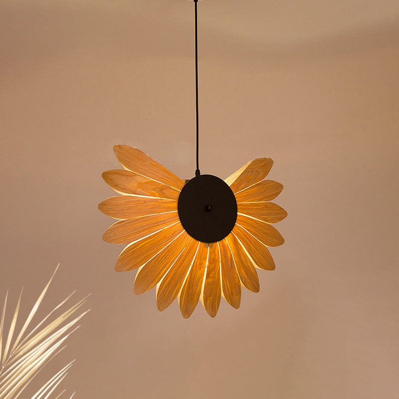 Modern Beige Sunflower Pendant Light: 1-Bulb Wood Fixture For Restaurants