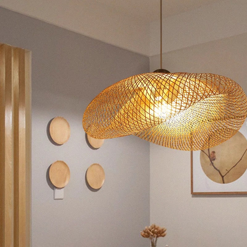 Lampe suspendue en bois faite à la main avec abat-jour en bambou - Lampe suspendue moderne à 1 ampoule