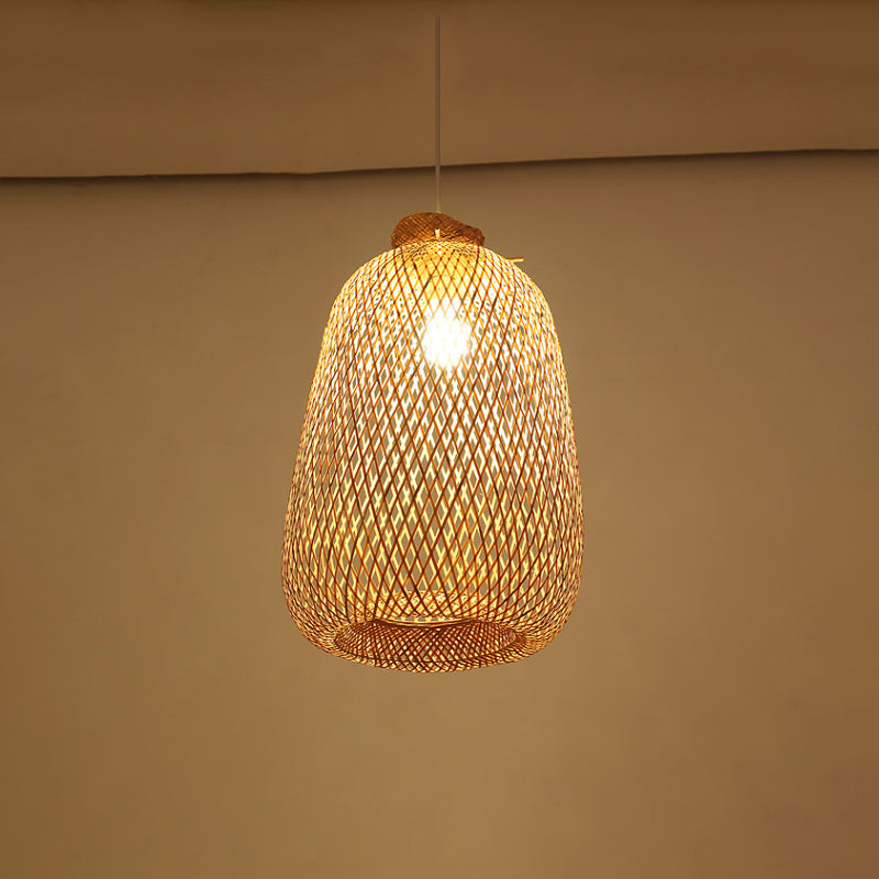 Lampe suspendue en bois faite à la main avec abat-jour en bambou - Lampe suspendue moderne à 1 ampoule