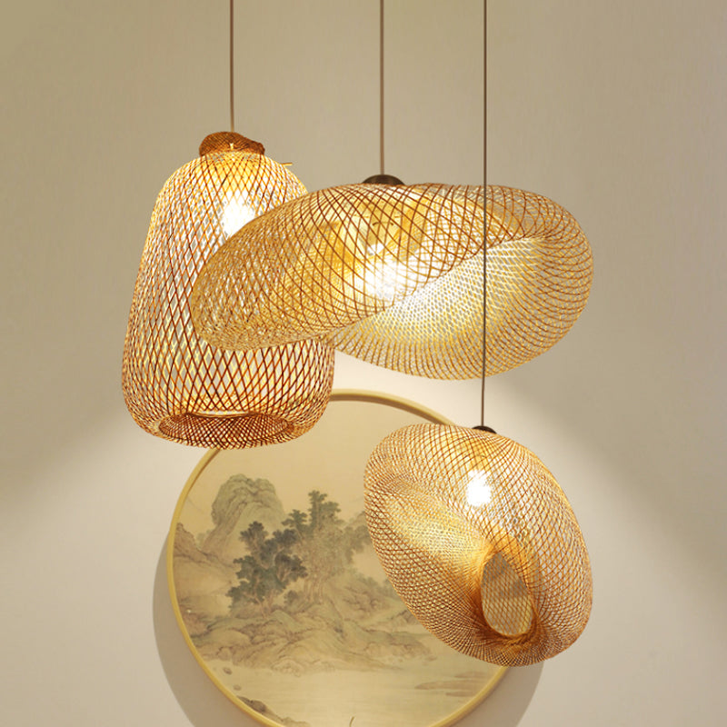 Lampe suspendue en bois faite à la main avec abat-jour en bambou - Lampe suspendue moderne à 1 ampoule