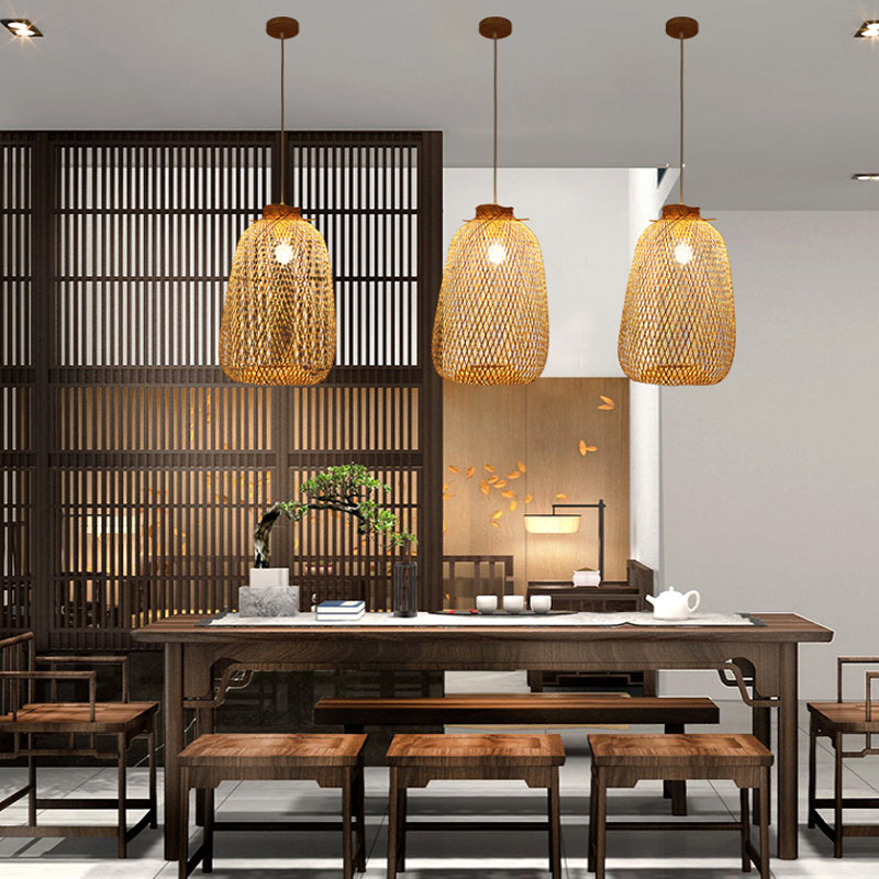 Lampe suspendue en bois faite à la main avec abat-jour en bambou - Lampe suspendue moderne à 1 ampoule
