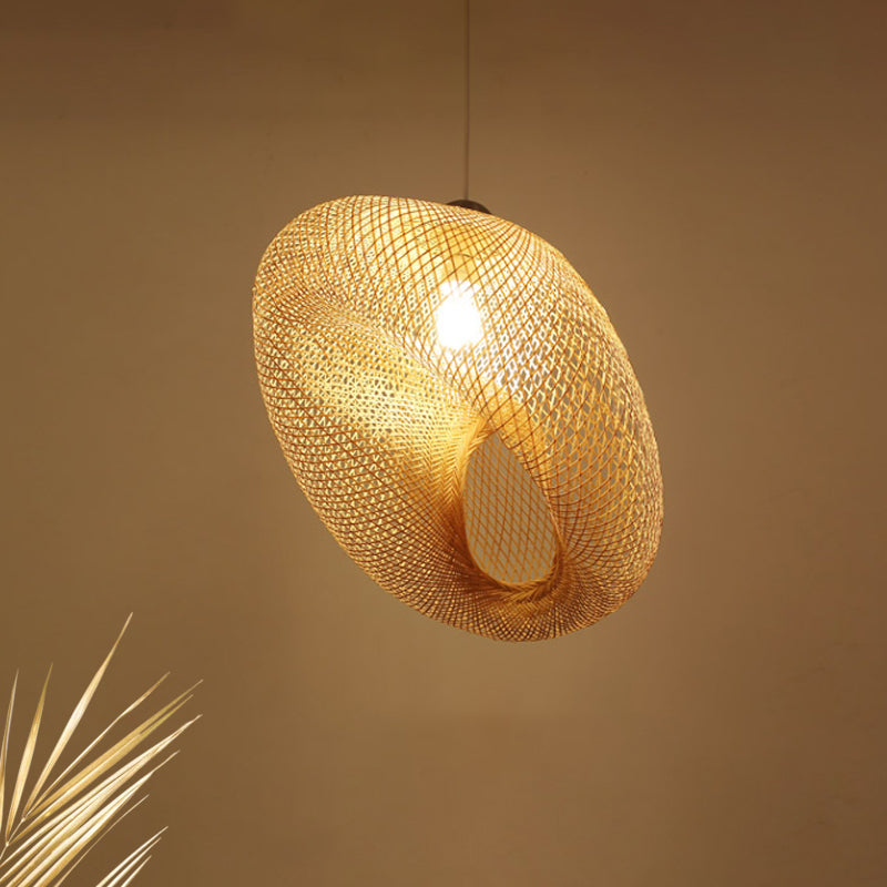 Lampe suspendue en bois faite à la main avec abat-jour en bambou - Lampe suspendue moderne à 1 ampoule