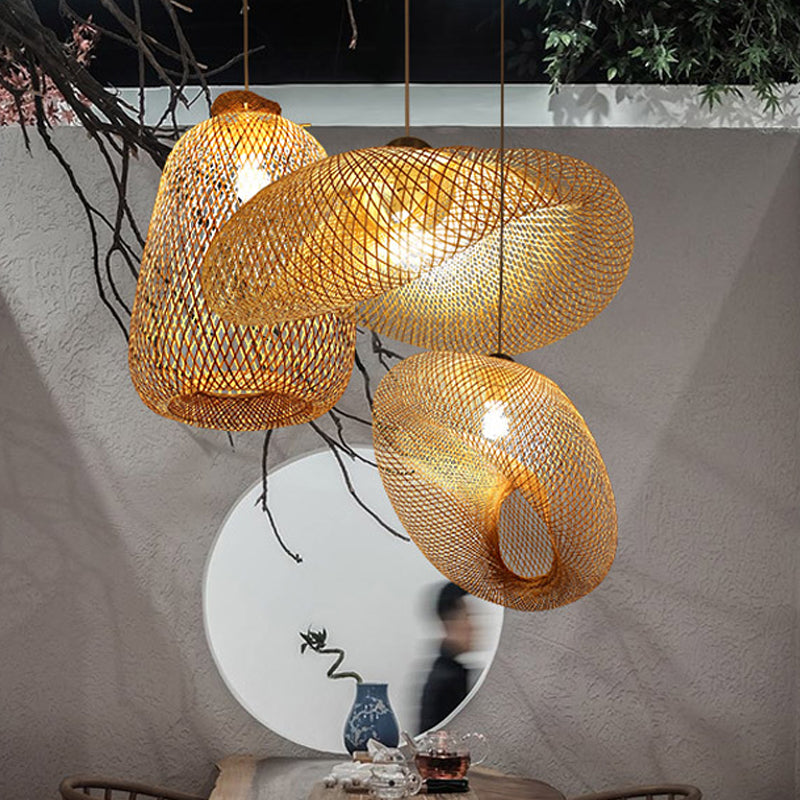 Lampe suspendue en bois faite à la main avec abat-jour en bambou - Lampe suspendue moderne à 1 ampoule