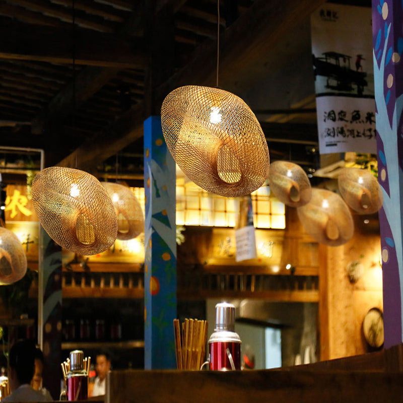 Lampe suspendue en bois faite à la main avec abat-jour en bambou - Lampe suspendue moderne à 1 ampoule