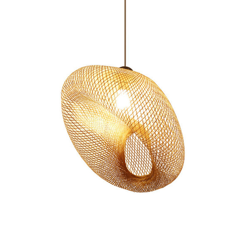 Lampe suspendue en bois faite à la main avec abat-jour en bambou - Lampe suspendue moderne à 1 ampoule