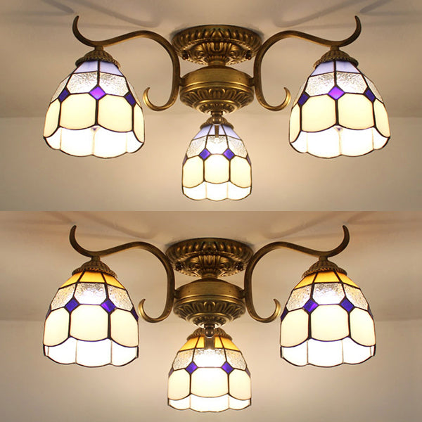 Plafonnier vintage en vitrail - Semi-encastré à 3 lumières en beige/jaune/violet/transparent/bleu-rose/bleu-blanc/vert-blanc - Parfait pour la chambre