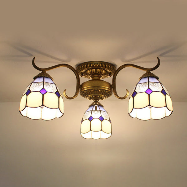 Plafonnier vintage en vitrail - Semi-encastré à 3 lumières en beige/jaune/violet/transparent/bleu-rose/bleu-blanc/vert-blanc - Parfait pour la chambre