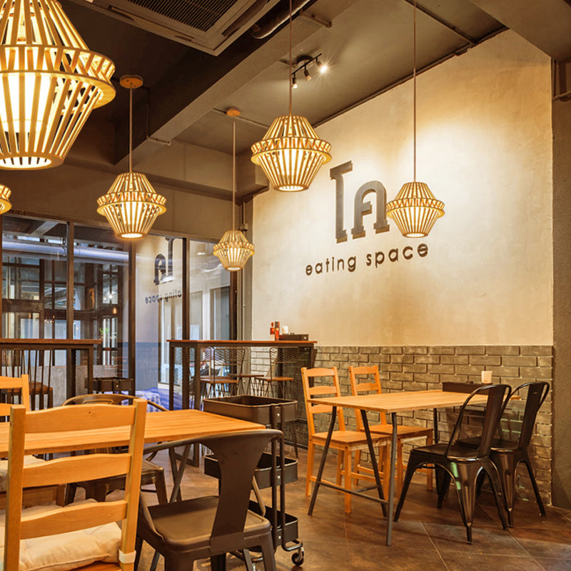 Bamboo Cone Pendant Lighting Wood Hanging Light With Fabric Shade - Asian-Inspired | 1 Bulb Ceiling
