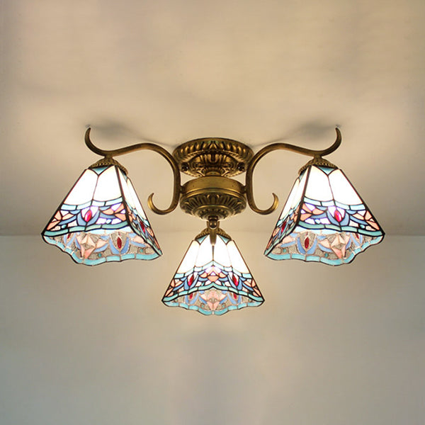 Plafonnier vintage en vitrail - Semi-encastré à 3 lumières en beige/jaune/violet/transparent/bleu-rose/bleu-blanc/vert-blanc - Parfait pour la chambre