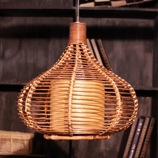 Bamboo Jar Pendant Light Kit with Inner Cylindrical Shade - Retro Style, Brown, 1 Bulb