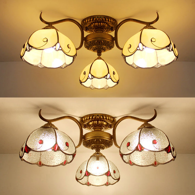 Plafonnier vintage en vitrail - Semi-encastré à 3 lumières en beige/jaune/violet/transparent/bleu-rose/bleu-blanc/vert-blanc - Parfait pour la chambre