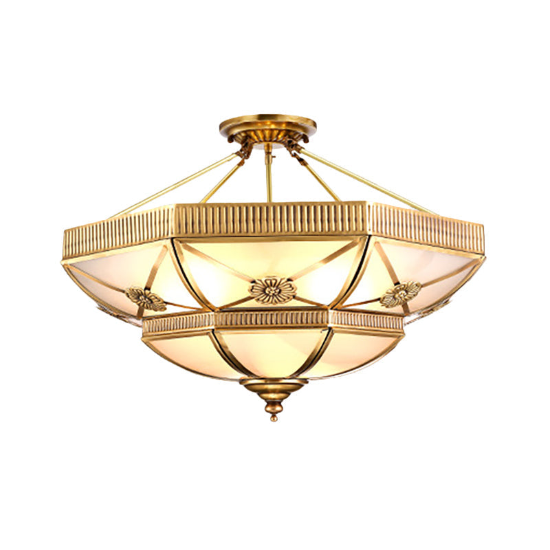 Plafonnier semi-encastré classique en forme de dôme avec verre laiteux, montage semi-encastré doré - 4/6 lumières, 18"/25" de large