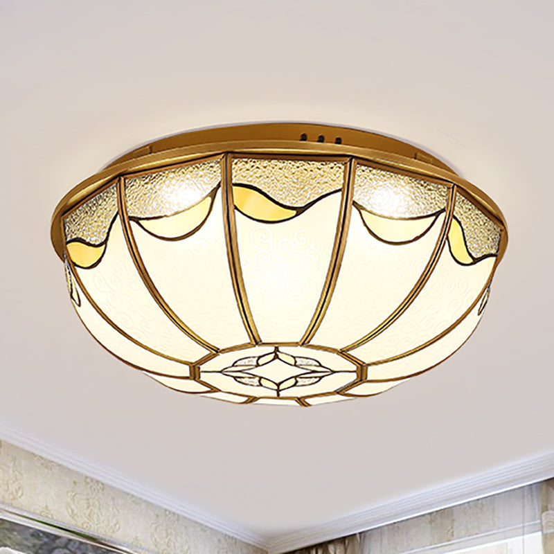 Gold 4/5 Lights Ceiling Mount Antique Opal Glass Flush Light Fixture, 18“/21.5” W, for Bedroom with Flower Pattern