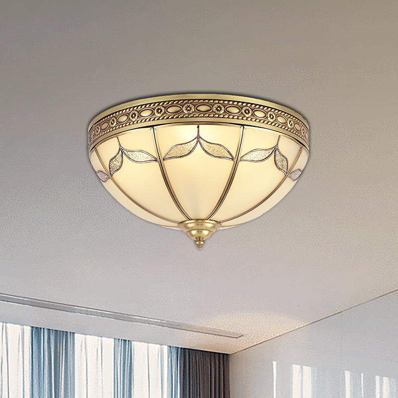 Traditional Milky Glass Bedroom Flushmount Light with Gold Ceiling Lighting - 3/4 Lights, 12.5"/16" Width