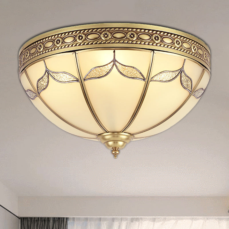 Traditional Milky Glass Bedroom Flushmount Light with Gold Ceiling Lighting - 3/4 Lights, 12.5"/16" Width