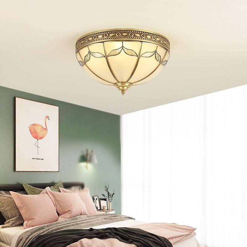 Traditional Milky Glass Bedroom Flushmount Light with Gold Ceiling Lighting - 3/4 Lights, 12.5"/16" Width