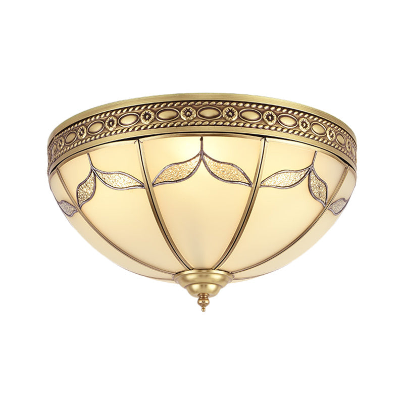 Traditional Milky Glass Bedroom Flushmount Light with Gold Ceiling Lighting - 3/4 Lights, 12.5"/16" Width