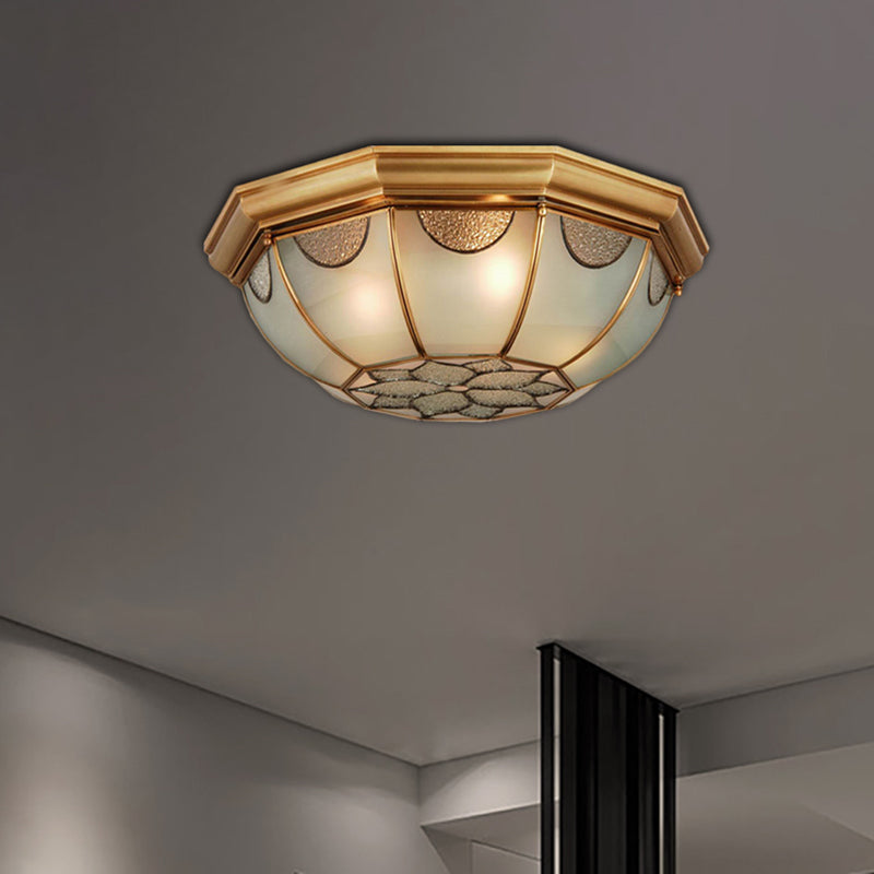 Traditional Flower Frosted Glass Flushmount Lighting in Gold - 3-Light for Bedroom - 14"/18"/23" W