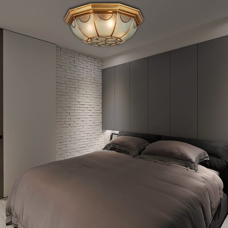 Traditional Flower Frosted Glass Flushmount Lighting in Gold - 3-Light for Bedroom - 14"/18"/23" W
