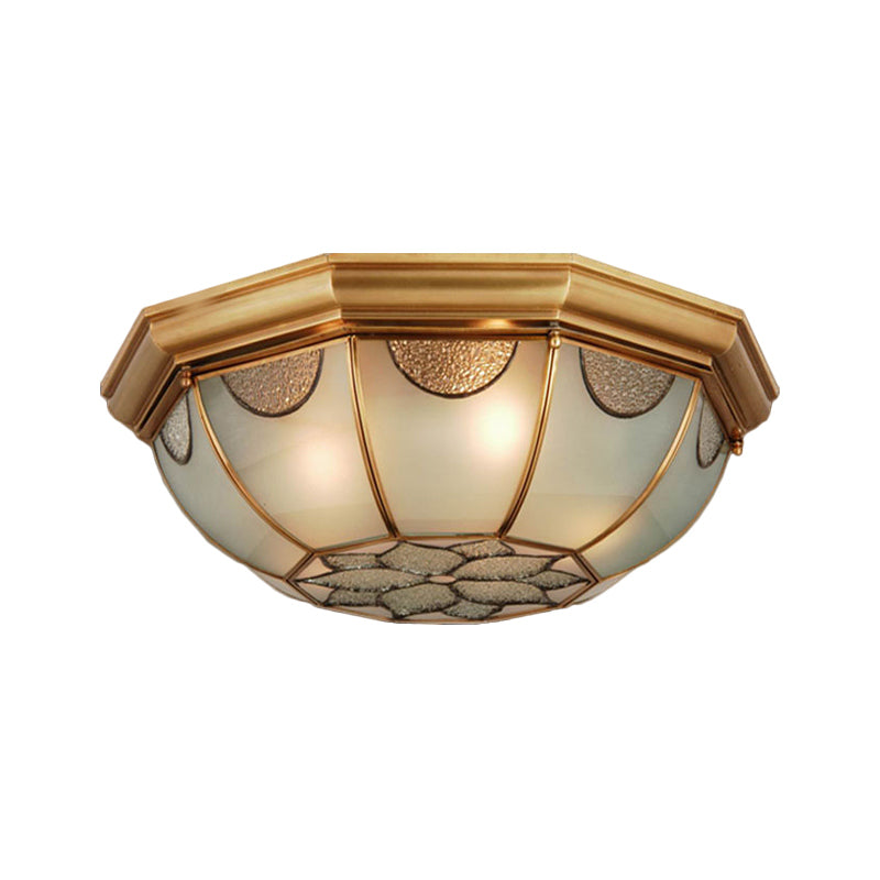 Traditional Flower Frosted Glass Flushmount Lighting in Gold - 3-Light for Bedroom - 14"/18"/23" W