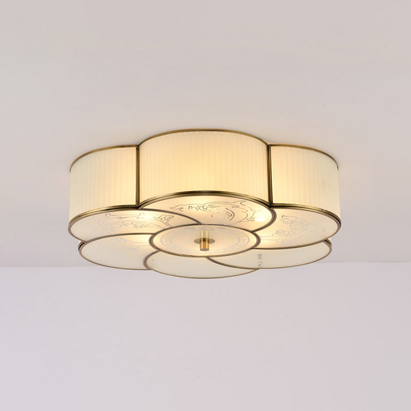 Traditional Brass Floral Flush Mount Lamp for Bedroom with Frosted Glass