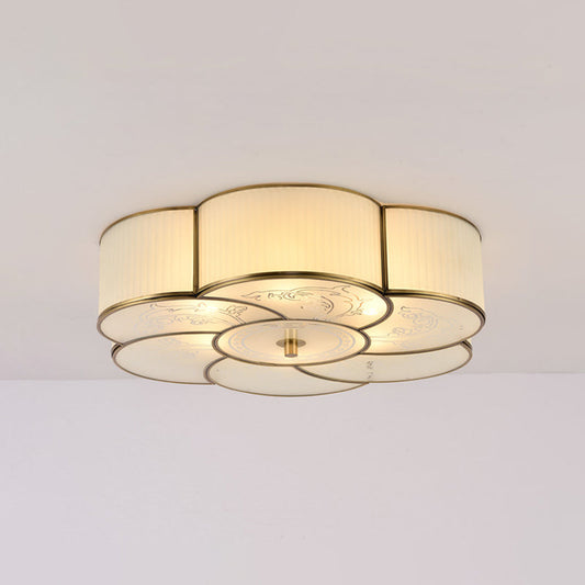 Traditional Brass Floral Flush Mount Lamp for Bedroom with Frosted Glass