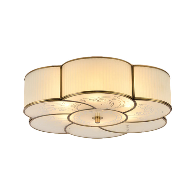 Traditional Brass Floral Flush Mount Lamp for Bedroom with Frosted Glass