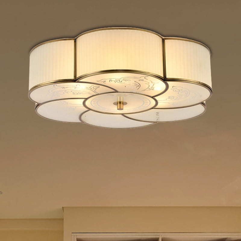 Traditional Brass Floral Flush Mount Lamp for Bedroom with Frosted Glass
