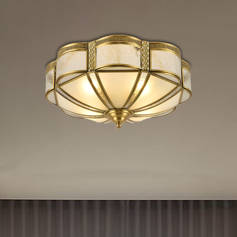 Classic Brass Domed Flush Mount Fixture with Frosted Glass Panel - 3/4/6 Lights for Bedroom