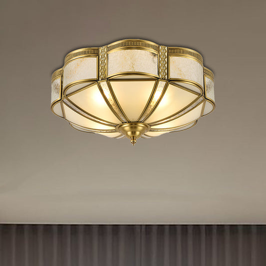 Classic Brass Domed Flush Mount Fixture with Frosted Glass Panel - 3/4/6 Lights for Bedroom