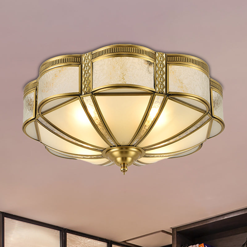 Classic Brass Domed Flush Mount Fixture with Frosted Glass Panel - 3/4/6 Lights for Bedroom