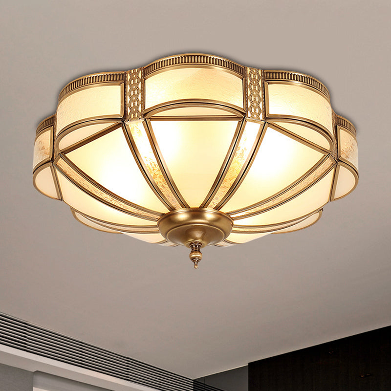 Classic Brass Domed Flush Mount Fixture with Frosted Glass Panel - 3/4/6 Lights for Bedroom