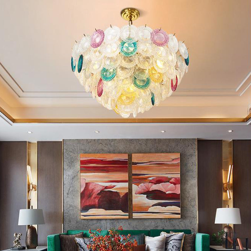 Modern Cut Crystal Conical Chandelier - 12 Bulbs, Wide Brass Suspension Pendant Light