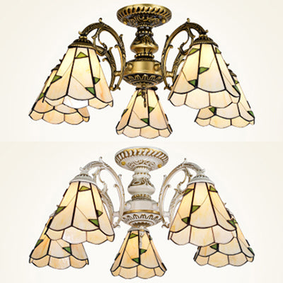 Vintage Lodge Stained Glass Semi Flush Ceiling Light in White/Antique Brass with Conical Design - 3/5 Heads for Foyer