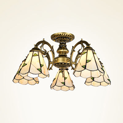 Vintage Lodge Stained Glass Semi Flush Ceiling Light in White/Antique Brass with Conical Design - 3/5 Heads for Foyer
